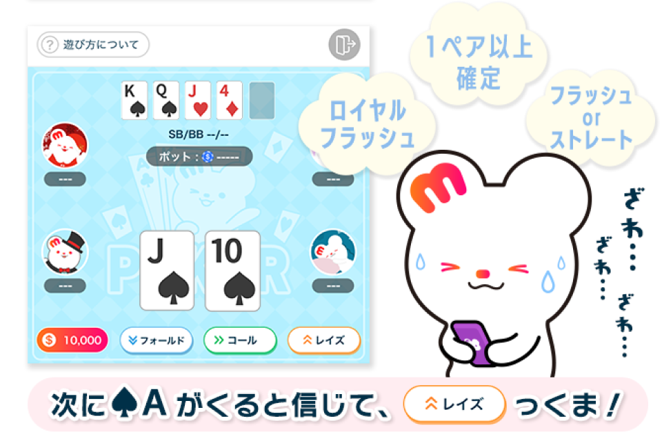 ロイヤルフラッシュ、１ペア以上確定、フラッシュorストレート、コールは前の人と同じ額かける。次にエースが来ると信じて、レイズっくま！